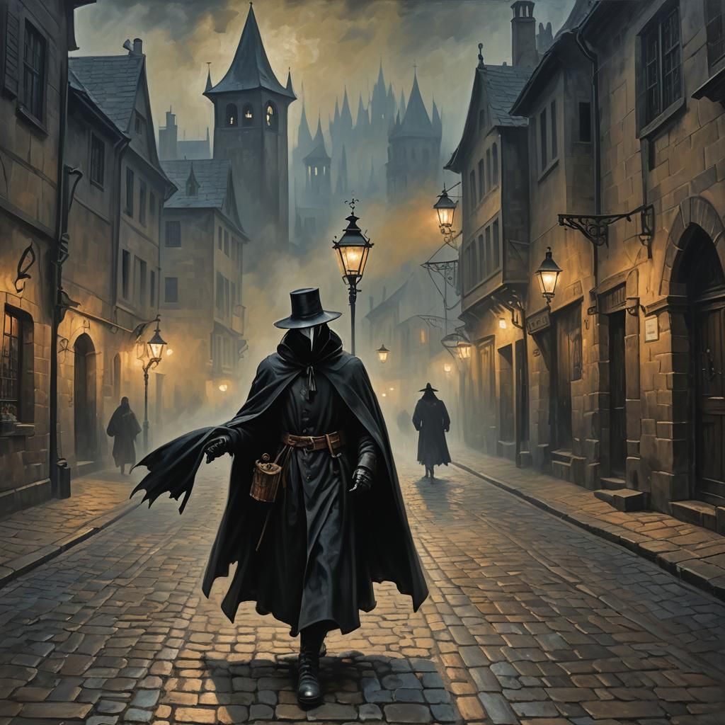 Plague Doctor in Foggy Streets: Impressionist Oil Painting