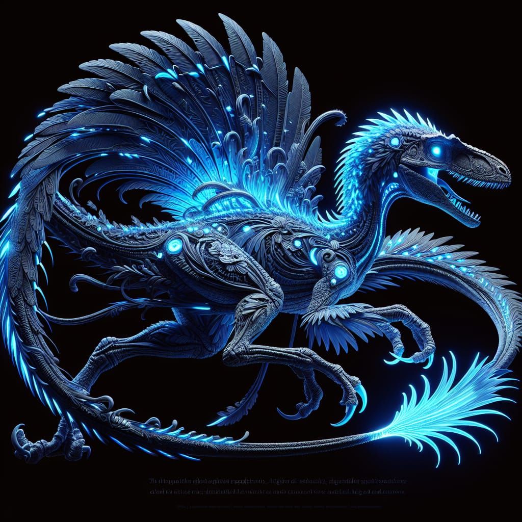 Bioluminescent Velociraptor in Japanese Woodblock Style