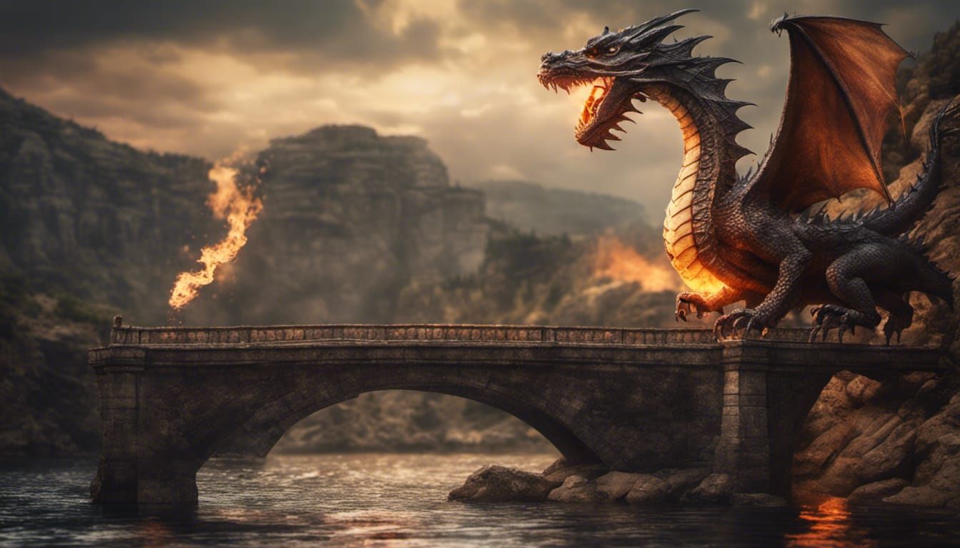 Fire Dragon Over Ancient Bridge in Neo-Impressionism Style