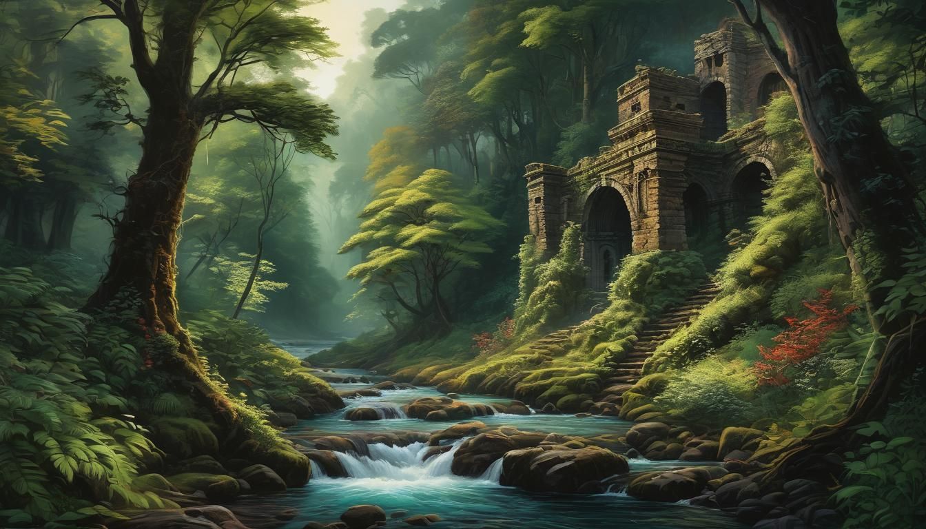Lush Forest Stream Oil Painting with Ruins