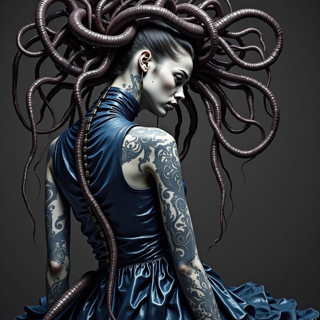 Cyborg Woman with Paisley Dress in Biomechanical Style