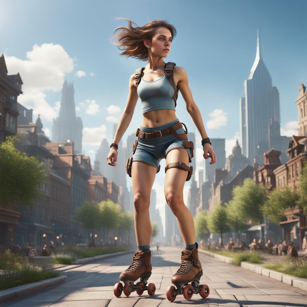 Girl Rollerblading in City: Fantasy Concept Art