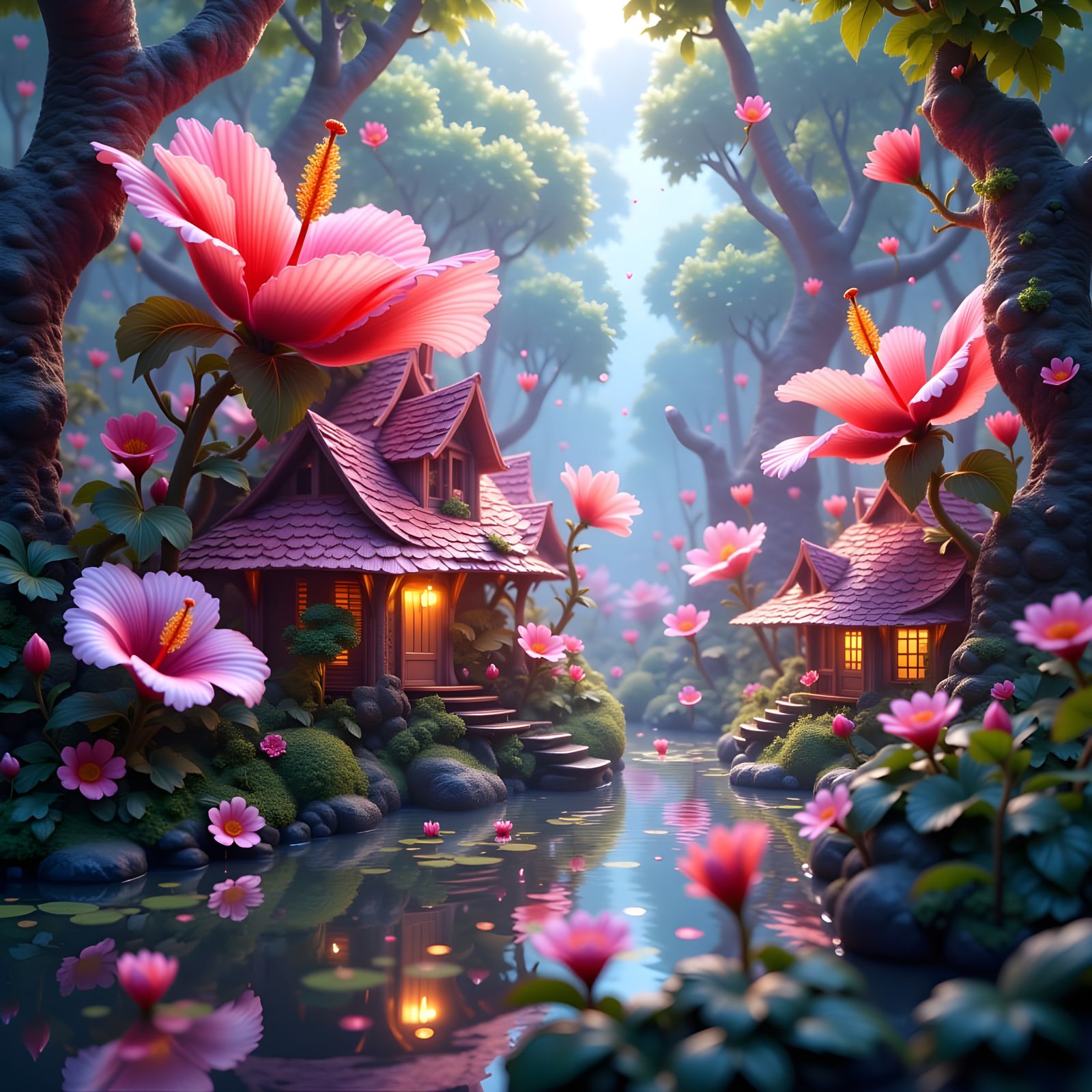 Fairy Village Inside Hibiscus Flower as Airbrush Art