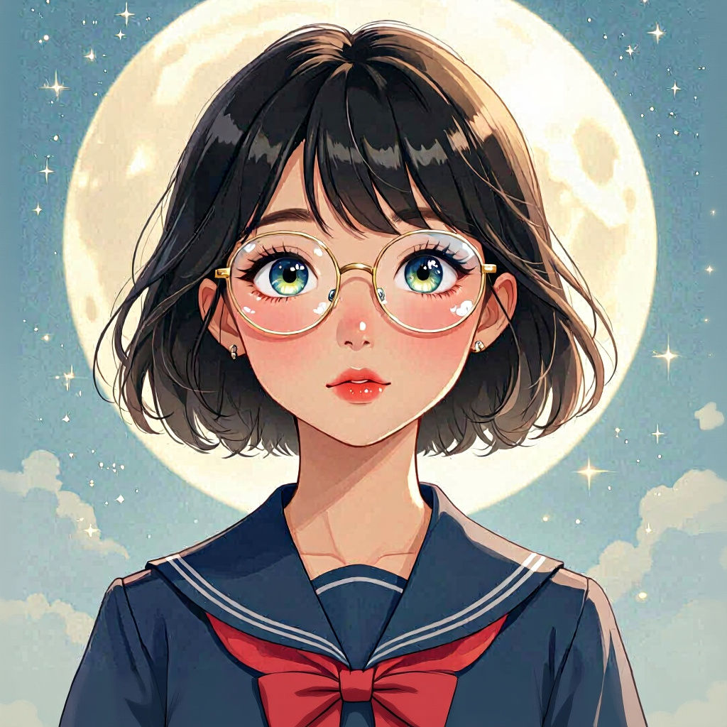 Girl with Moon Eyes and Rose Lips in School Dress