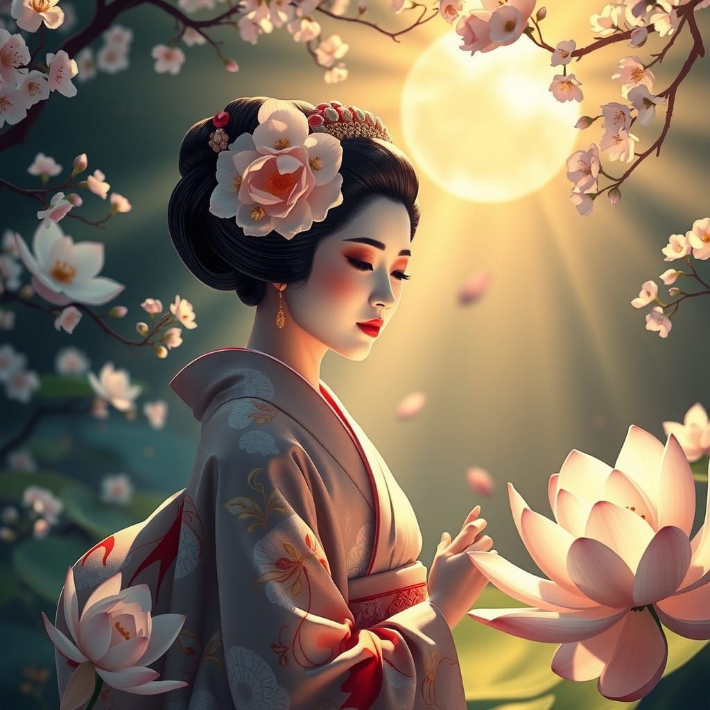 Geisha in Blossoms Bathed in Divine Light