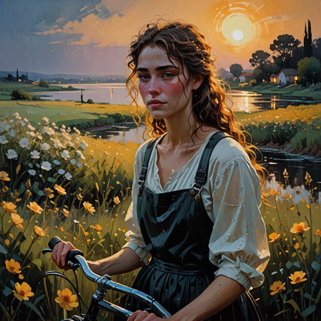 Young Woman Finds Peace in Moonlit Countryside, Post-Impress...