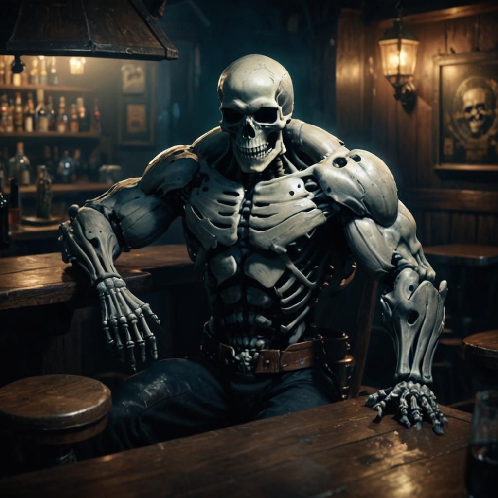 Man and Skeleton Arm Wrestle: Dark Fantasy Art