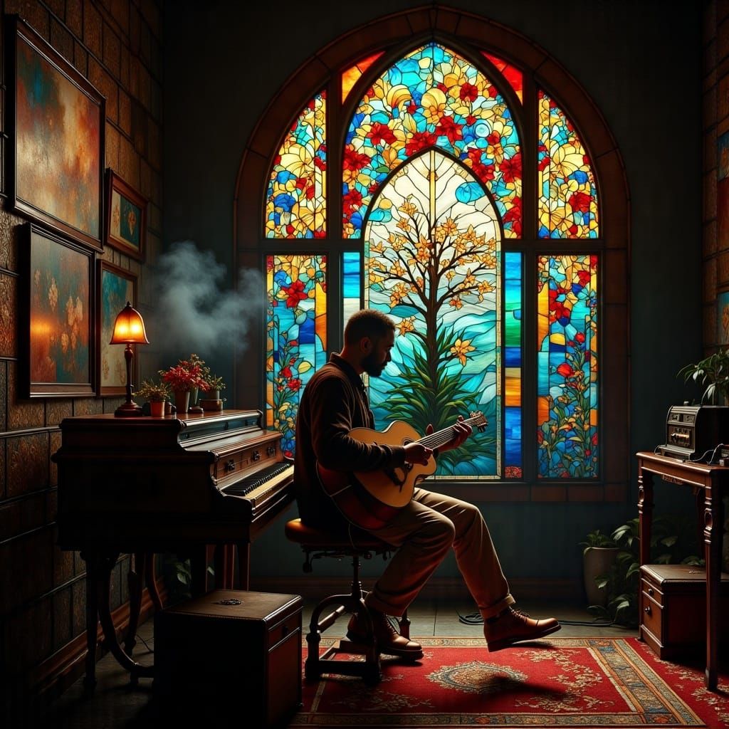 Blues Musician in Stained Glass Style