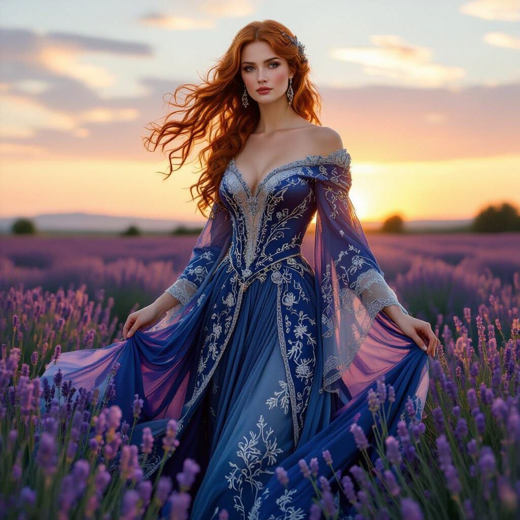 Regal Woman in Lavender Field: Pre-Raphaelite Art