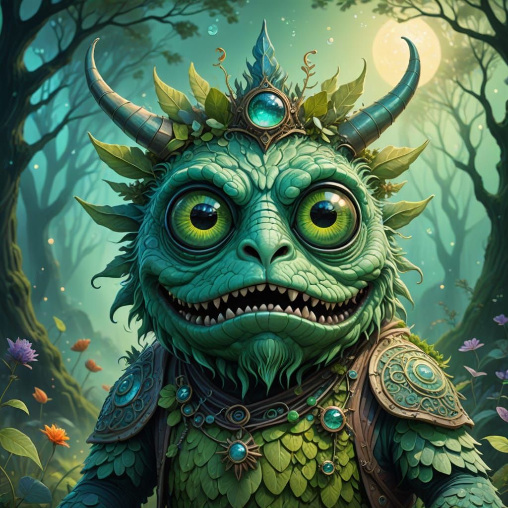 Sage Green Whimsical Monster with Piercing Eyes in Dreamy La...