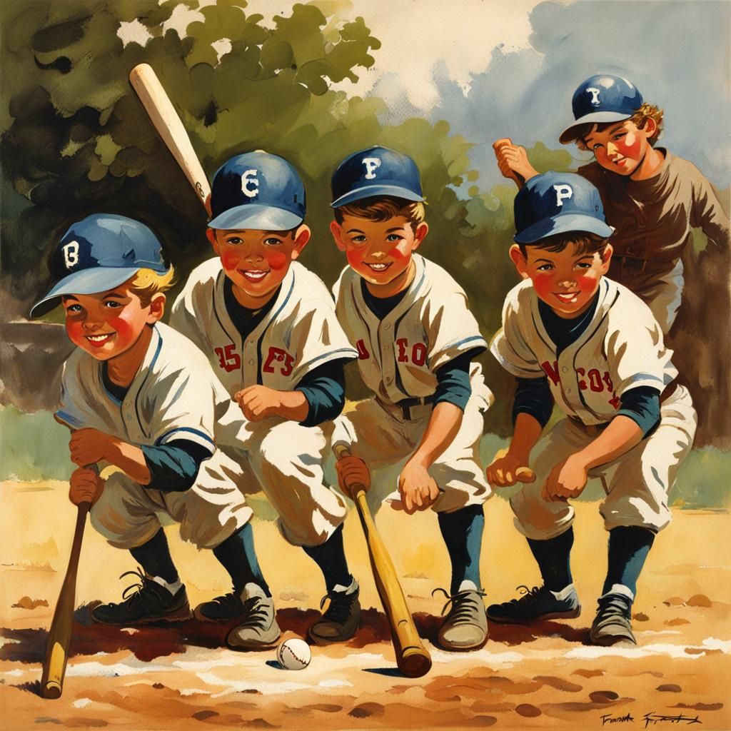 team of little league baseball players playing baseball, Frank Frazetta