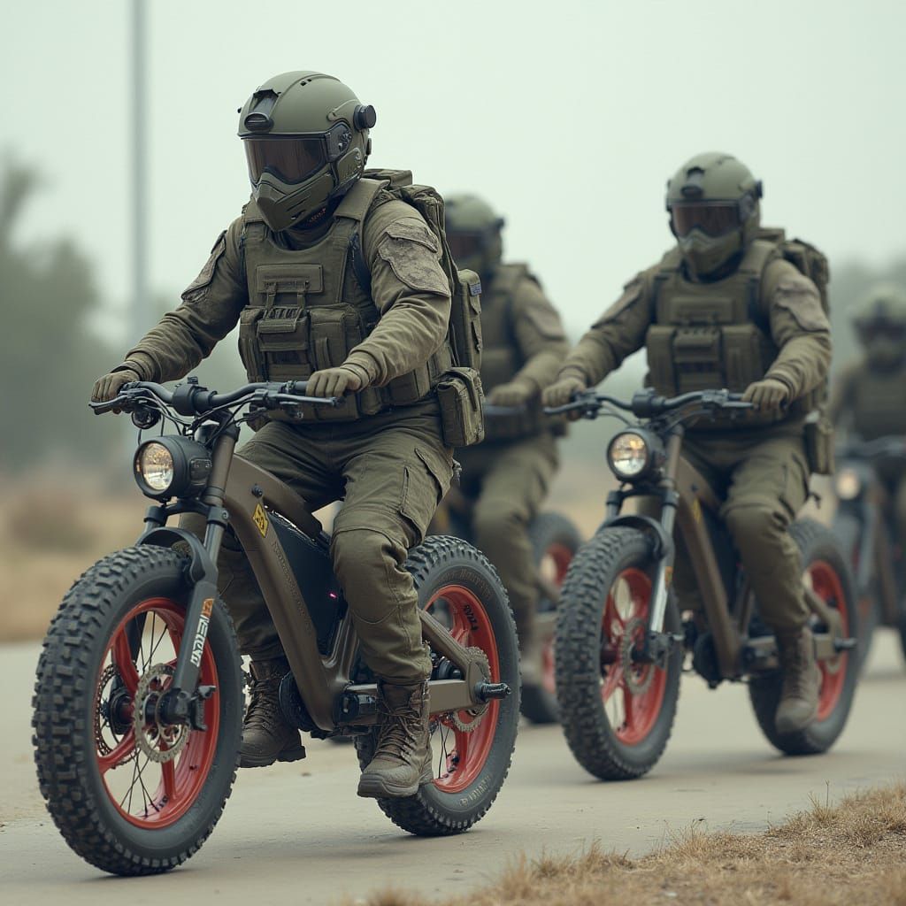 Military Personnel on Electric Bikes in Dystopian Future