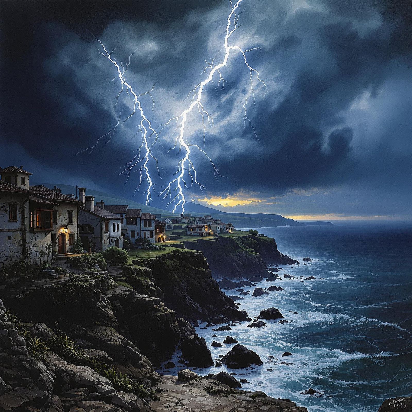 Coastal Town Under Stormy Sky in Romantic Realism