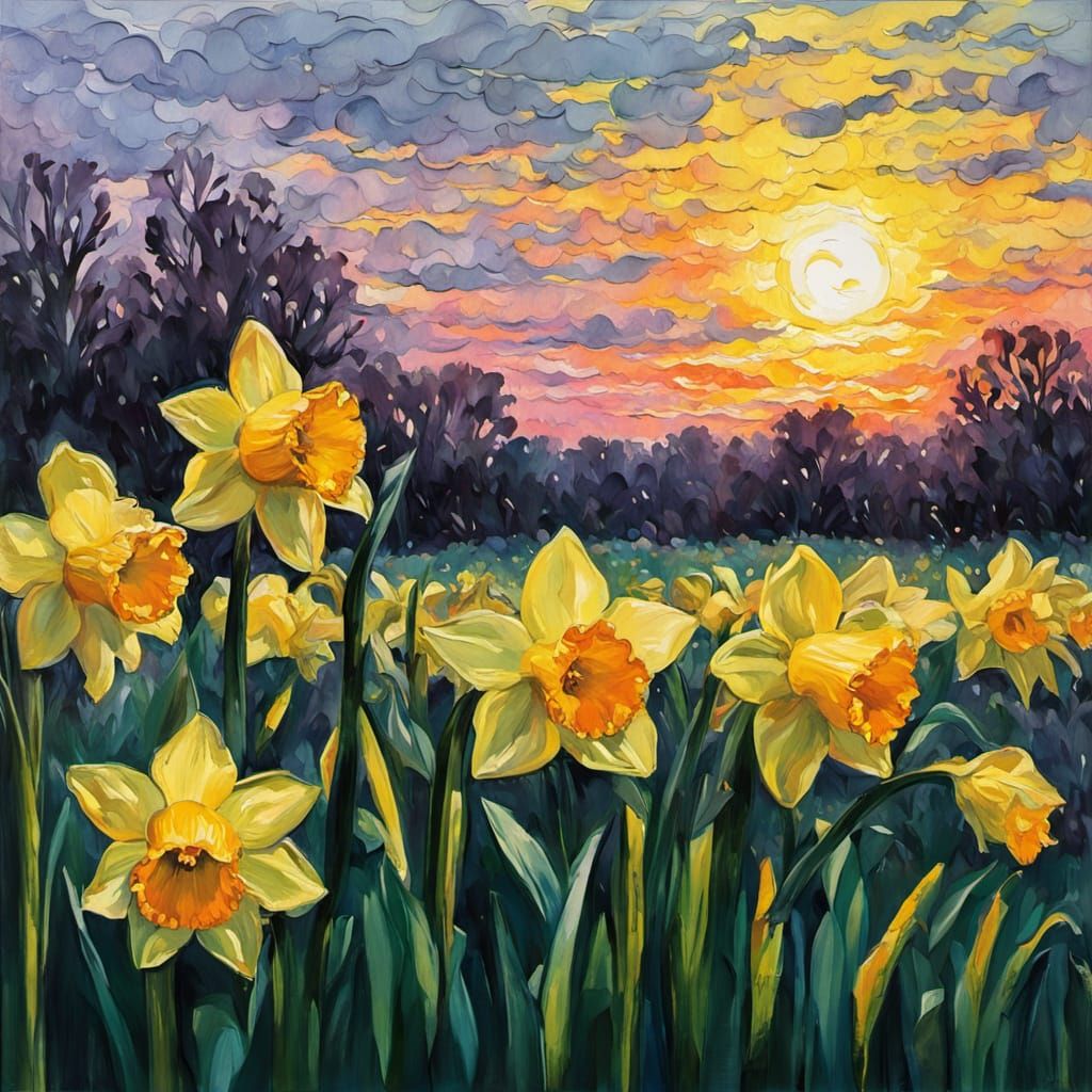 Daffodils at Sunset: Gouache and Watercolor Impression