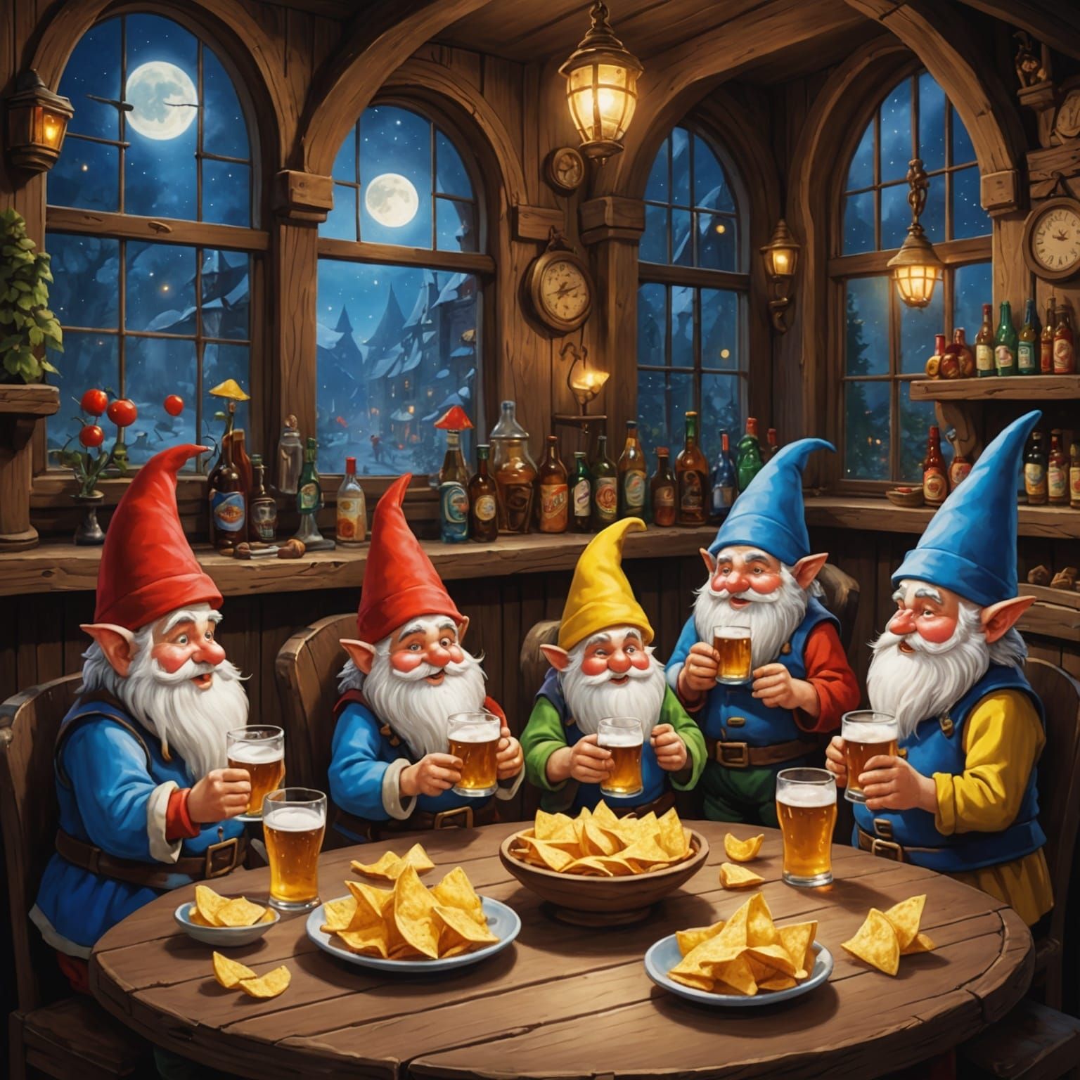 Snow White and Dwarfs in Bar, Detailed Colorful Art