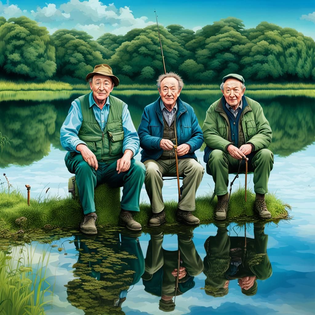 Hyperrealistic Anglers by Lake Under Blue-Green Sky