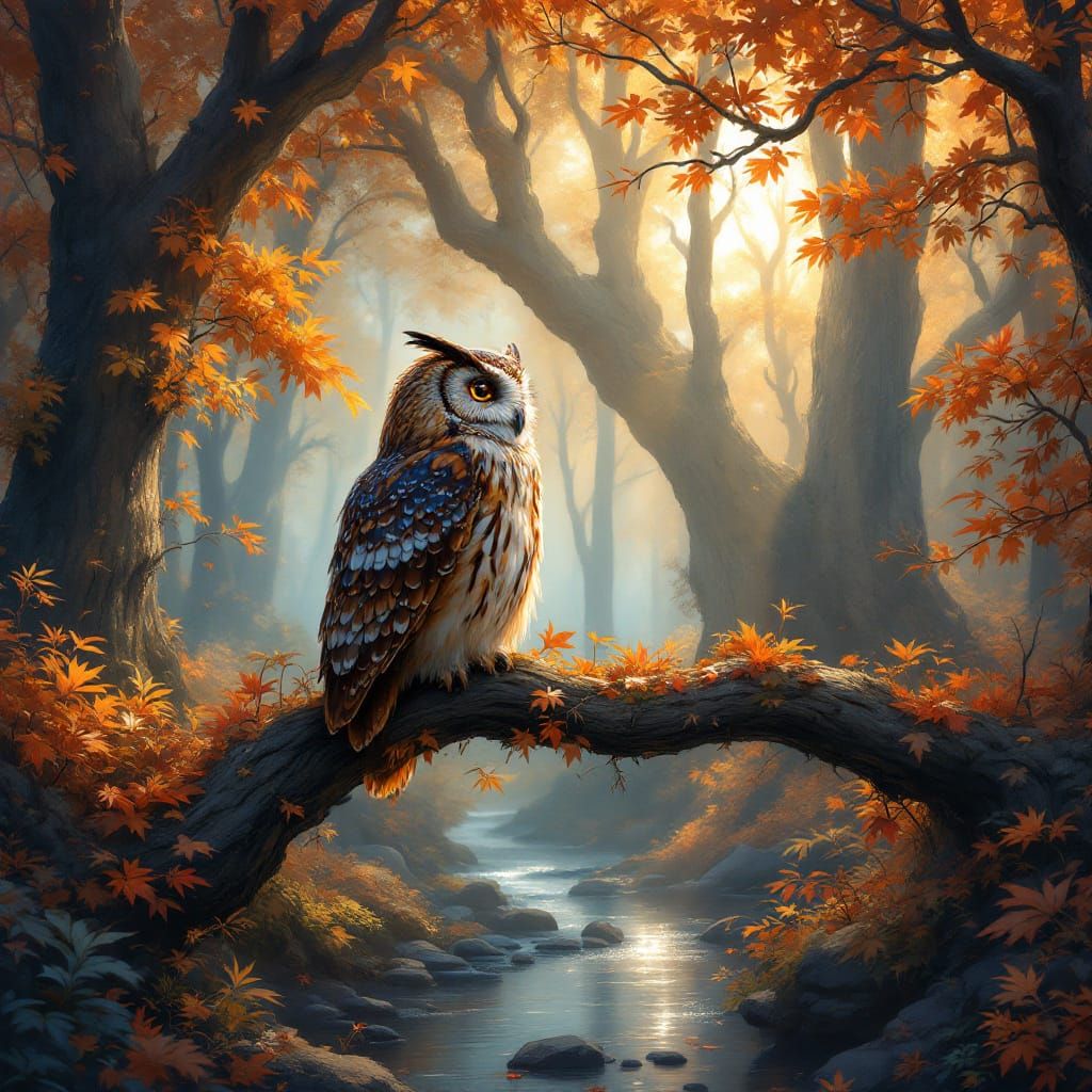 Wise Owl in Autumn Forest Fantasy Art