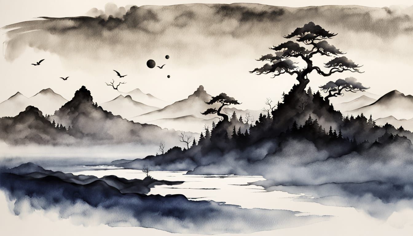 Abstract Taoist Existentialism in Japanese Ink Wash Style