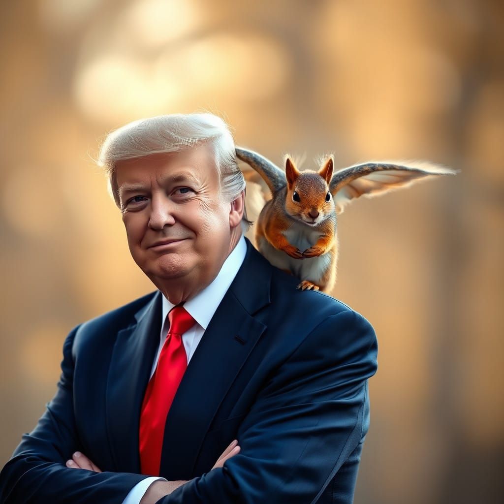 Confident Trump with Winged Squirrel