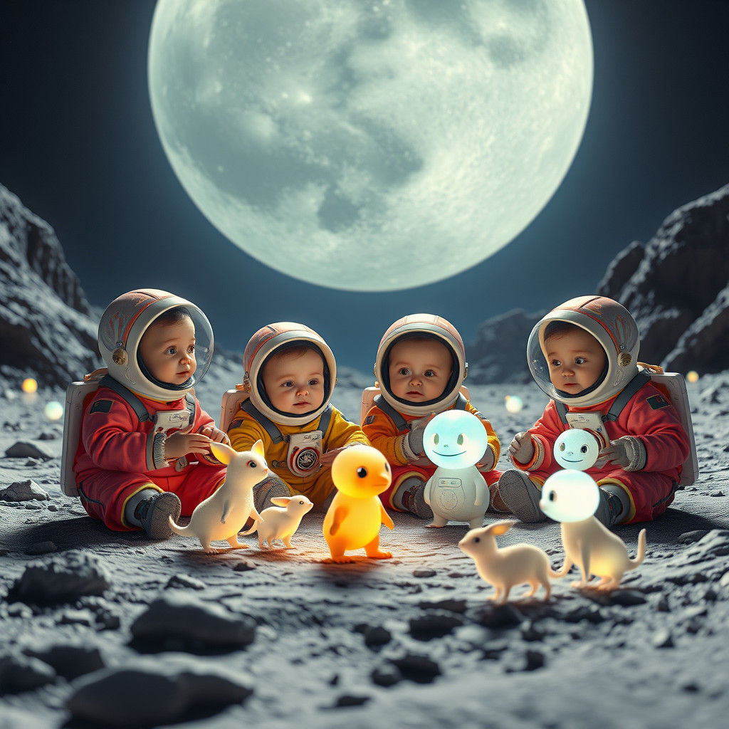 Babies Play with Moon Pets in Futuristic Lunar Landscape