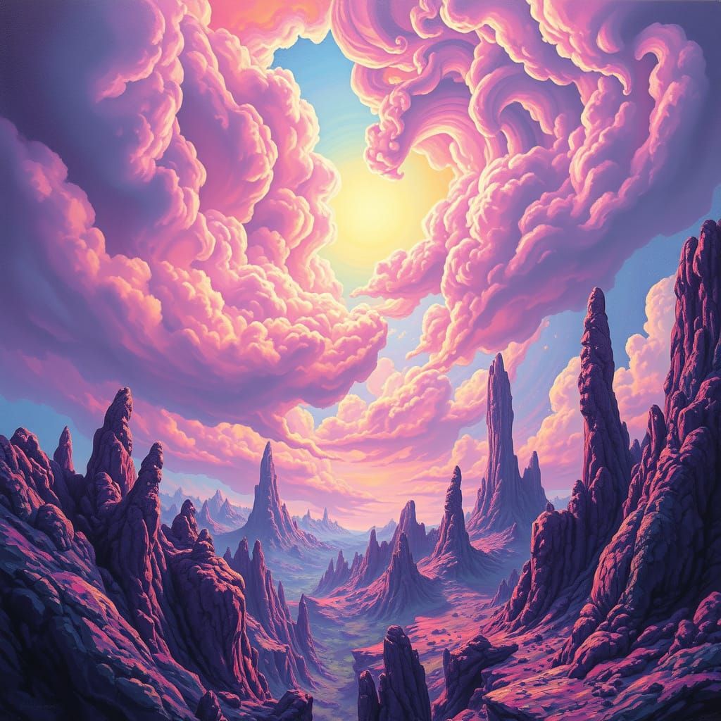 Surreal Landscapes with Iridescent Clouds and Organic Rock F...