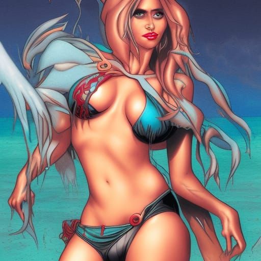 Sultry One-Eyed Goddess Posing on Beachy Shore