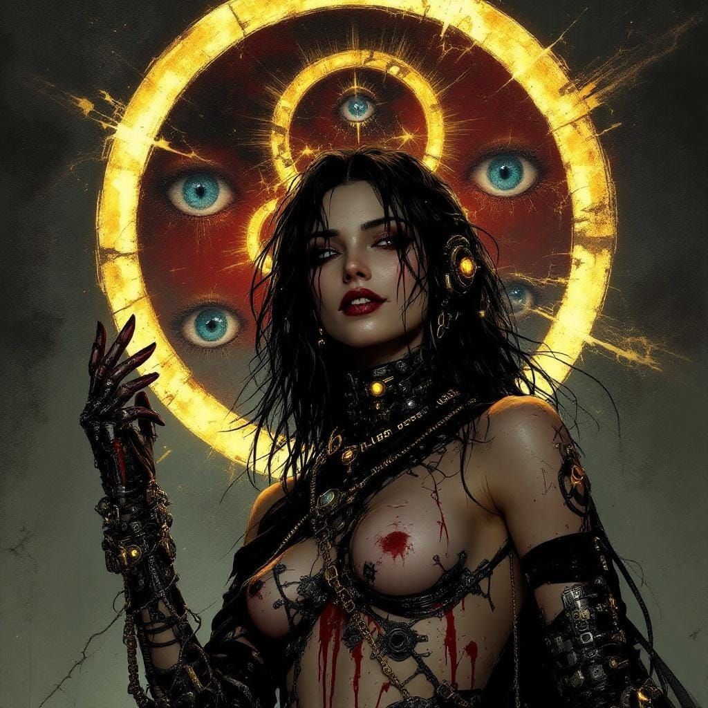 Makima with Cybernetic Body Mods in Dark Fantasy Style