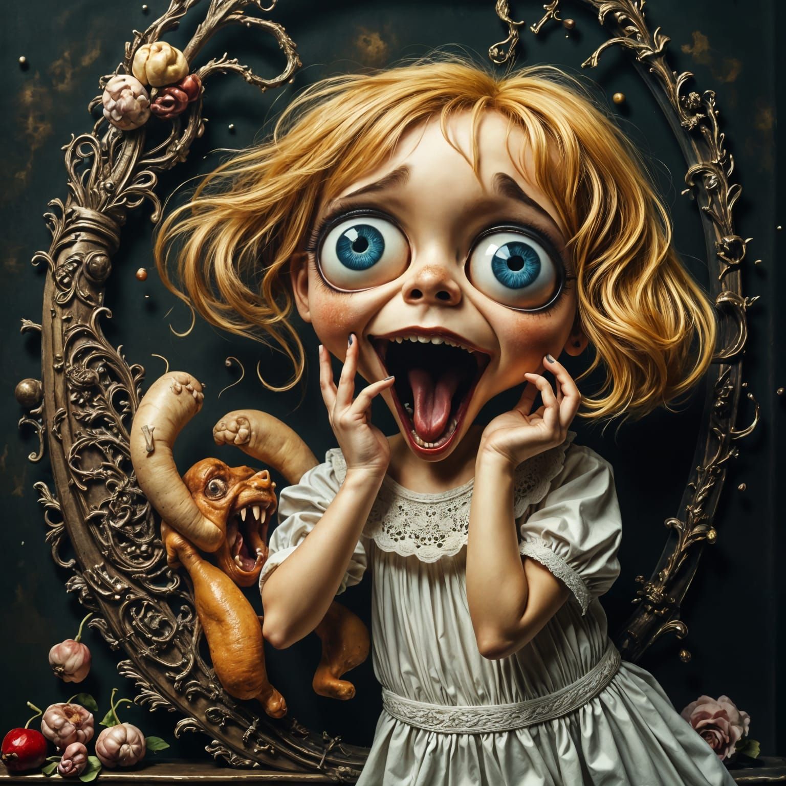 Distressed Girl Confronts Roasted Lamb in a Surreal, Abstrac...