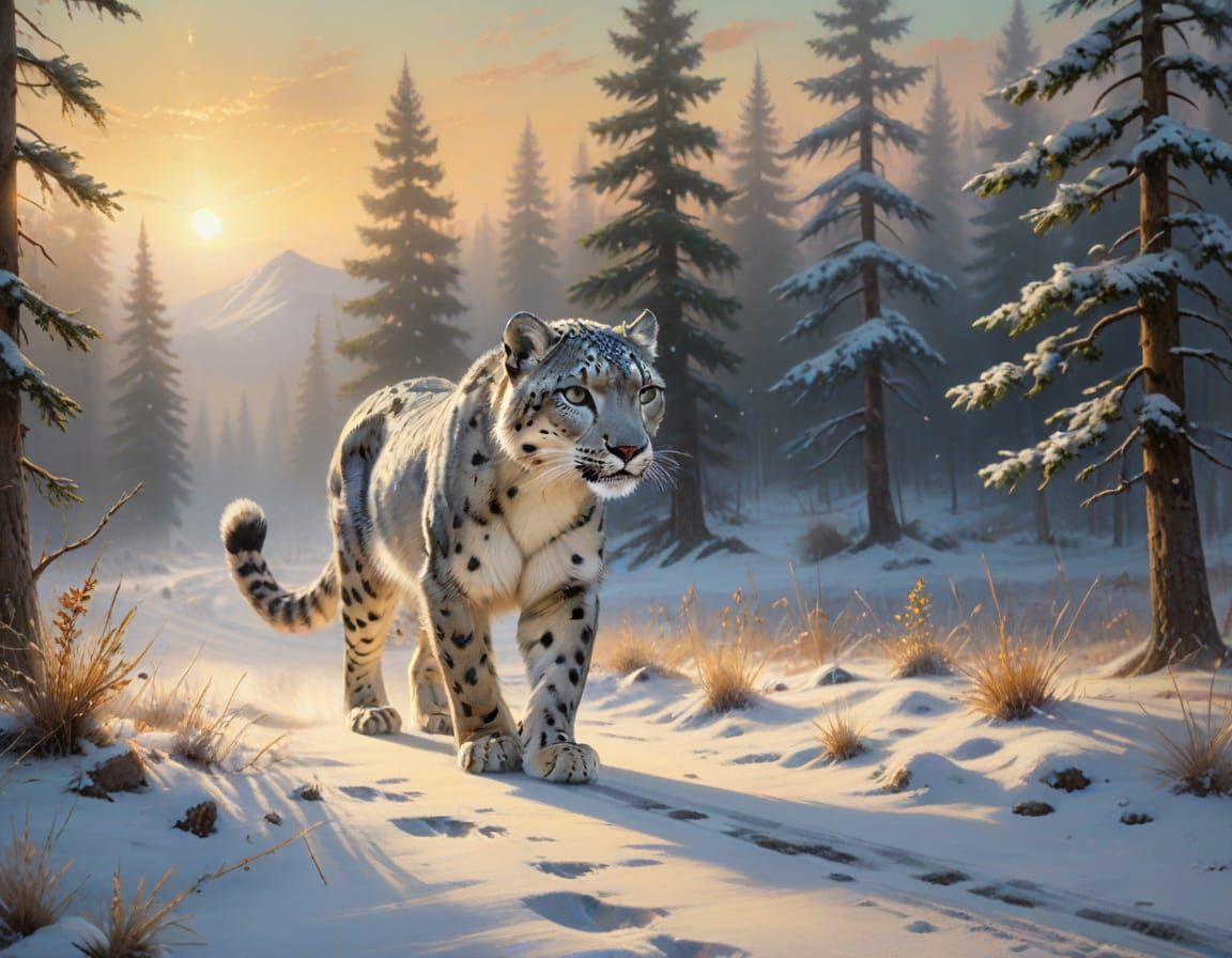 Snow Leopard Embarks on a Winter Journey Through a Golden Fo...