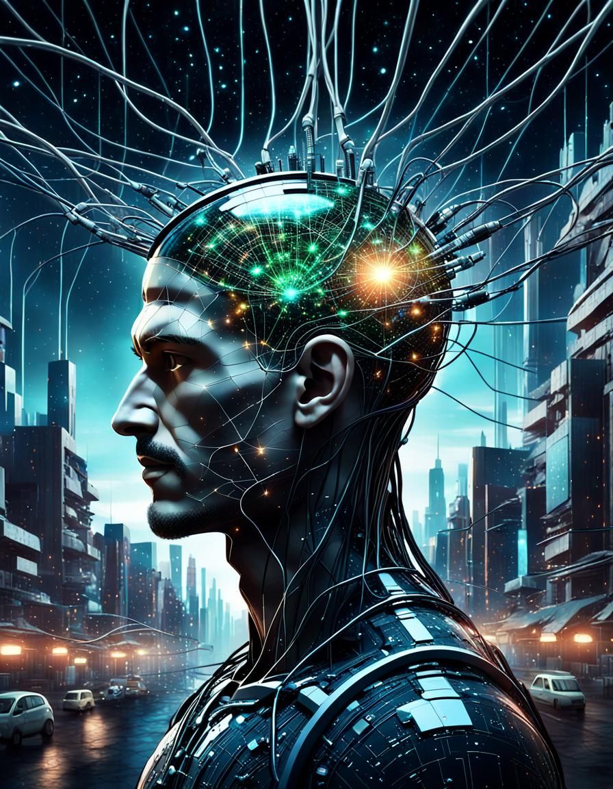 Hyperrealistic Head Connected to Futuristic City