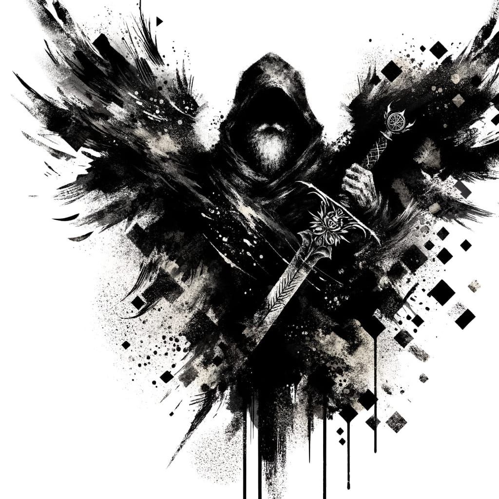 Angel in Dark Surrealism Tattoo Design with Broken Sword and...