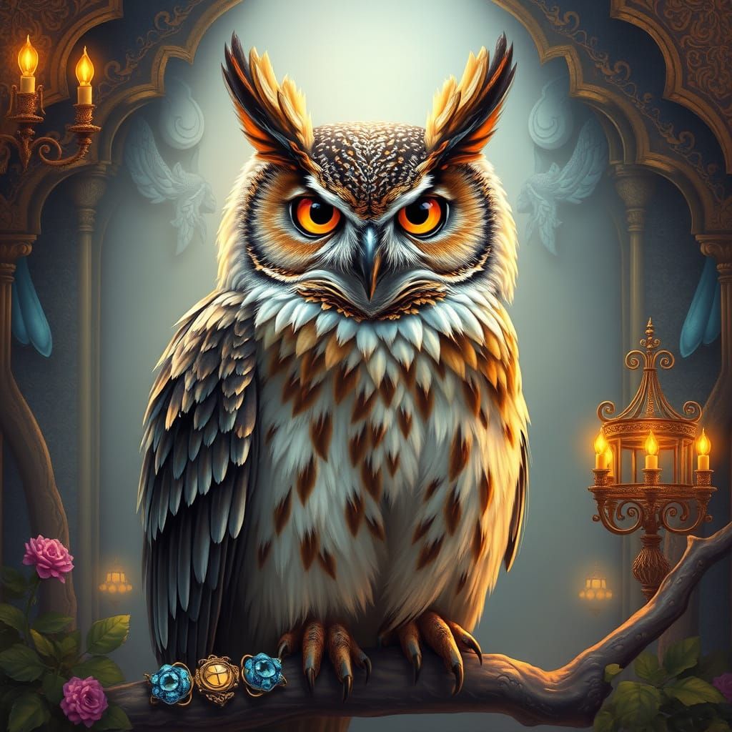 Majestic Owl in Baroque Design, Illustration