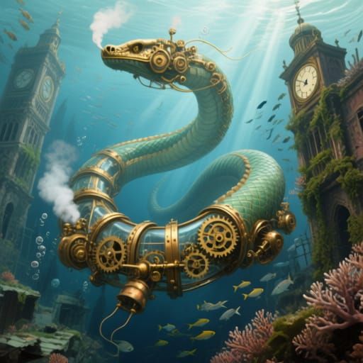 The Brass Leviathan: Steampunk Sea Serpent in Victorian Ruin...