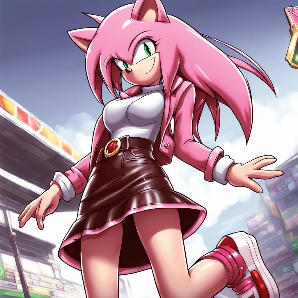 Amy Rose in Leather Skirt: Anime Style