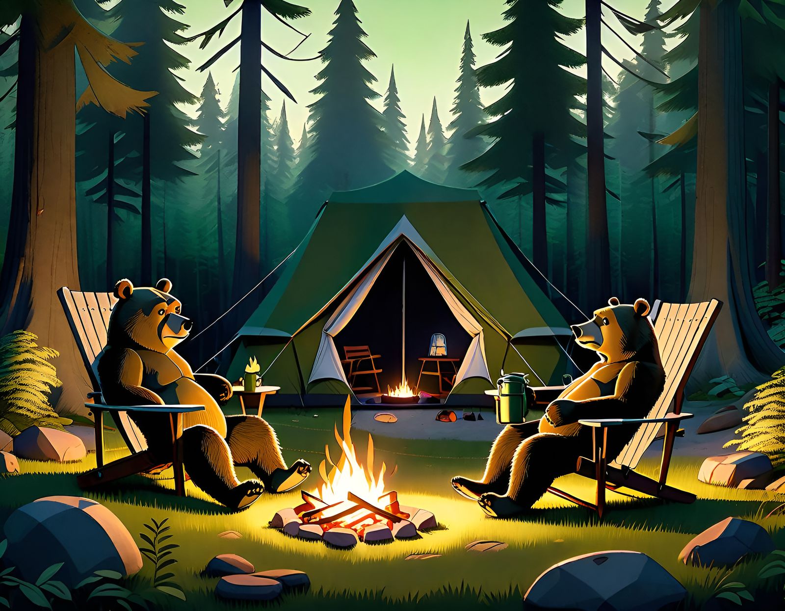 Cartoon Bears Camping in Forest, Ghibli Style