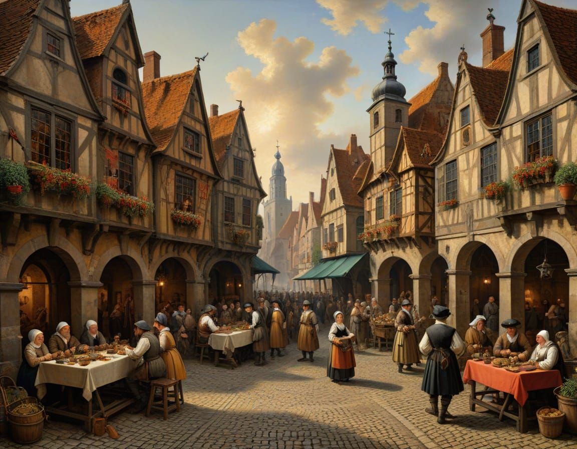 Town square market day scene in the style of Pieter Brueghel...