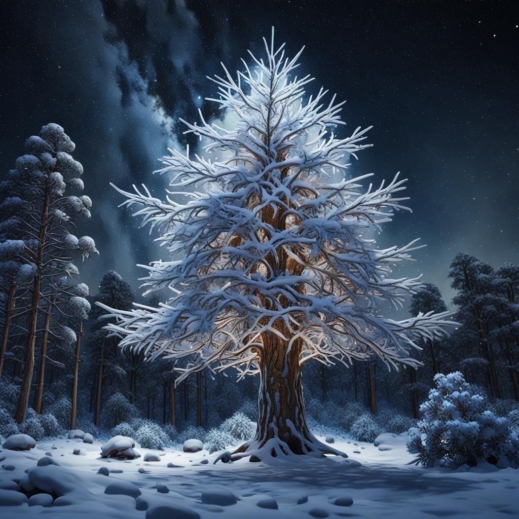 Winter Wonderland Christmas Tree Under Starry Sky