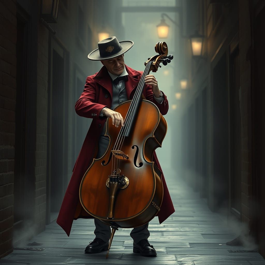 Steampunk Cellist in Foggy Alleyway, Syd Mead Inspired