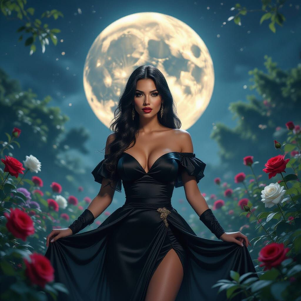 Toxic Femme Fatale in Magical Garden Under Acid Moon