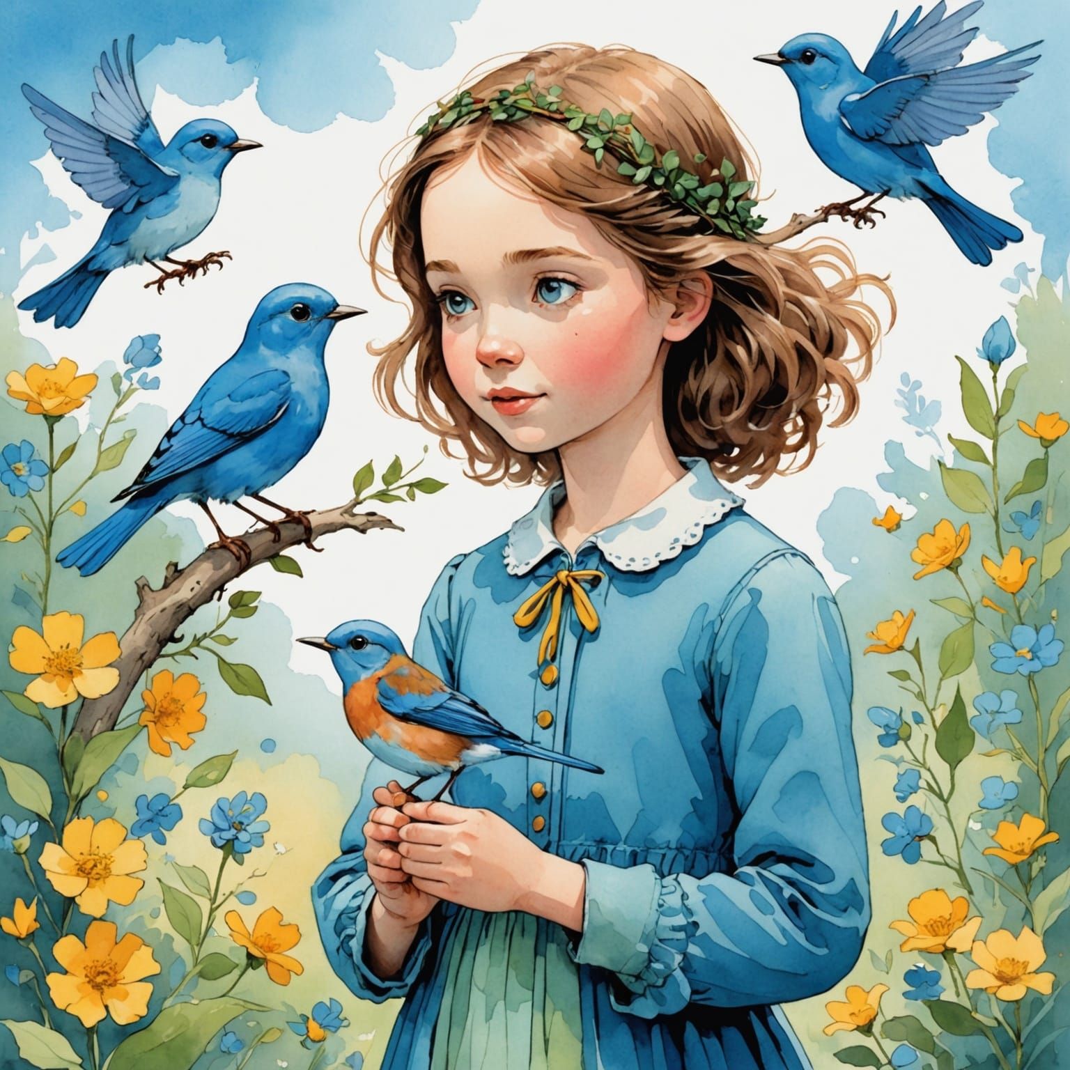 Girl with Bluebird in Colorful Cartoon Style