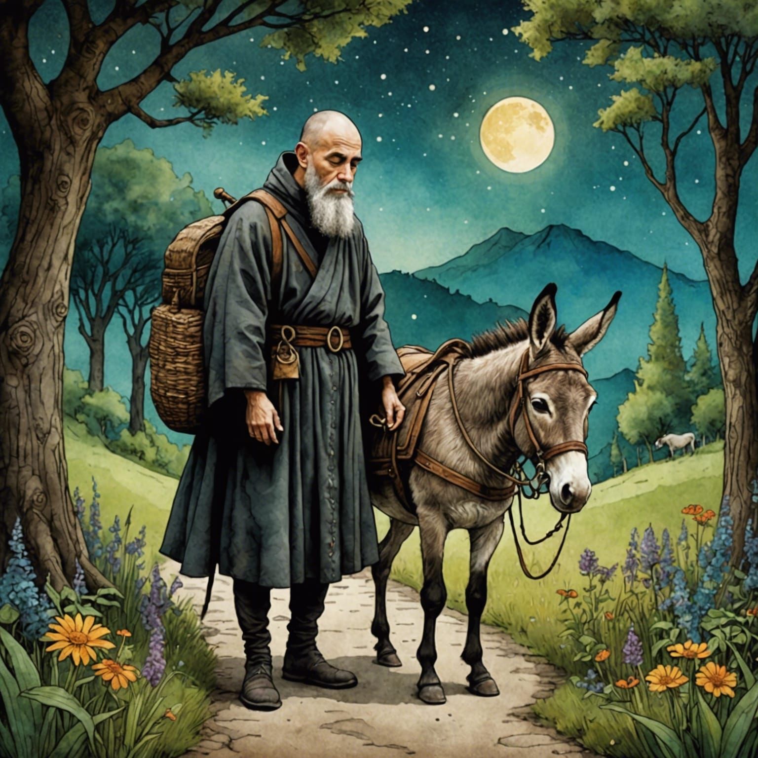 Whimsical Monk and Donkey Watercolor Journey