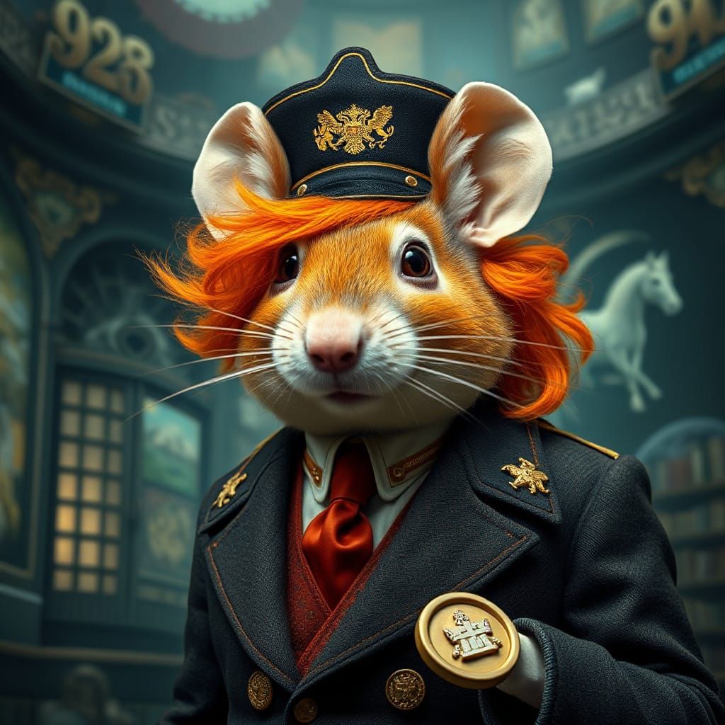 Hyperrealistic Mouse Dressed as Benito Mussolini in Dystopia...