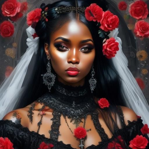 Gothic Portrait of a Black Woman with Red Flowers