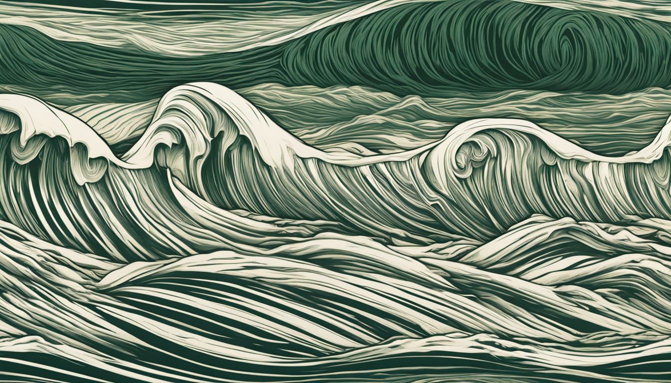 Surreal Ocean Waves Sky Blending in Fine Engraving Style