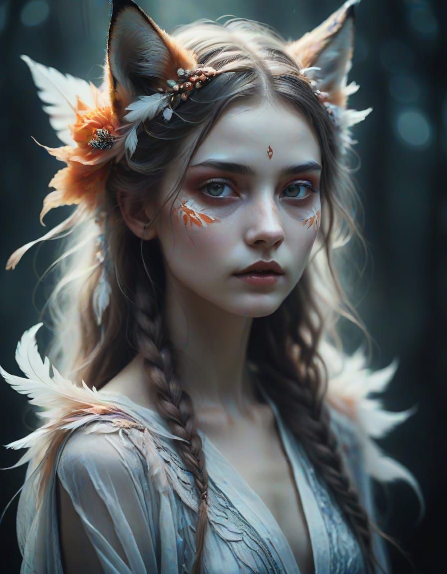 Ethereal Fantasy Portrait of a Tribrid Kitsune