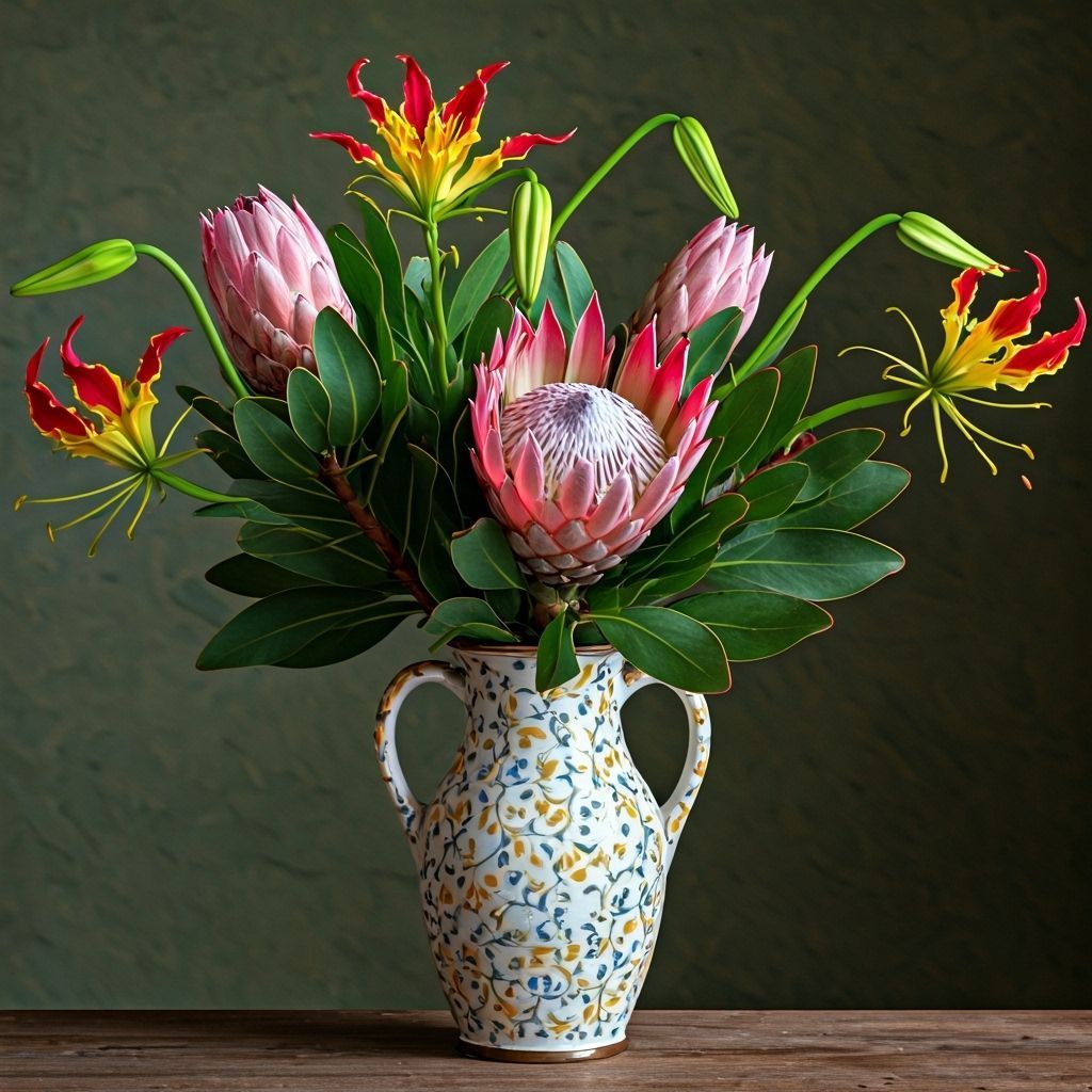 Flame Lilies and Proteas: Botanical Art Arrangement