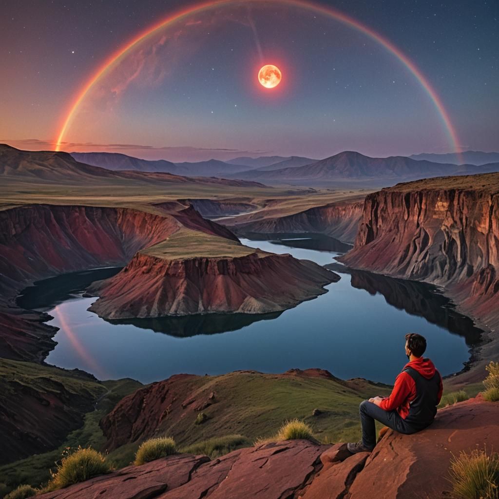 Man Contemplates Rainbow Moon on Cliff Edge