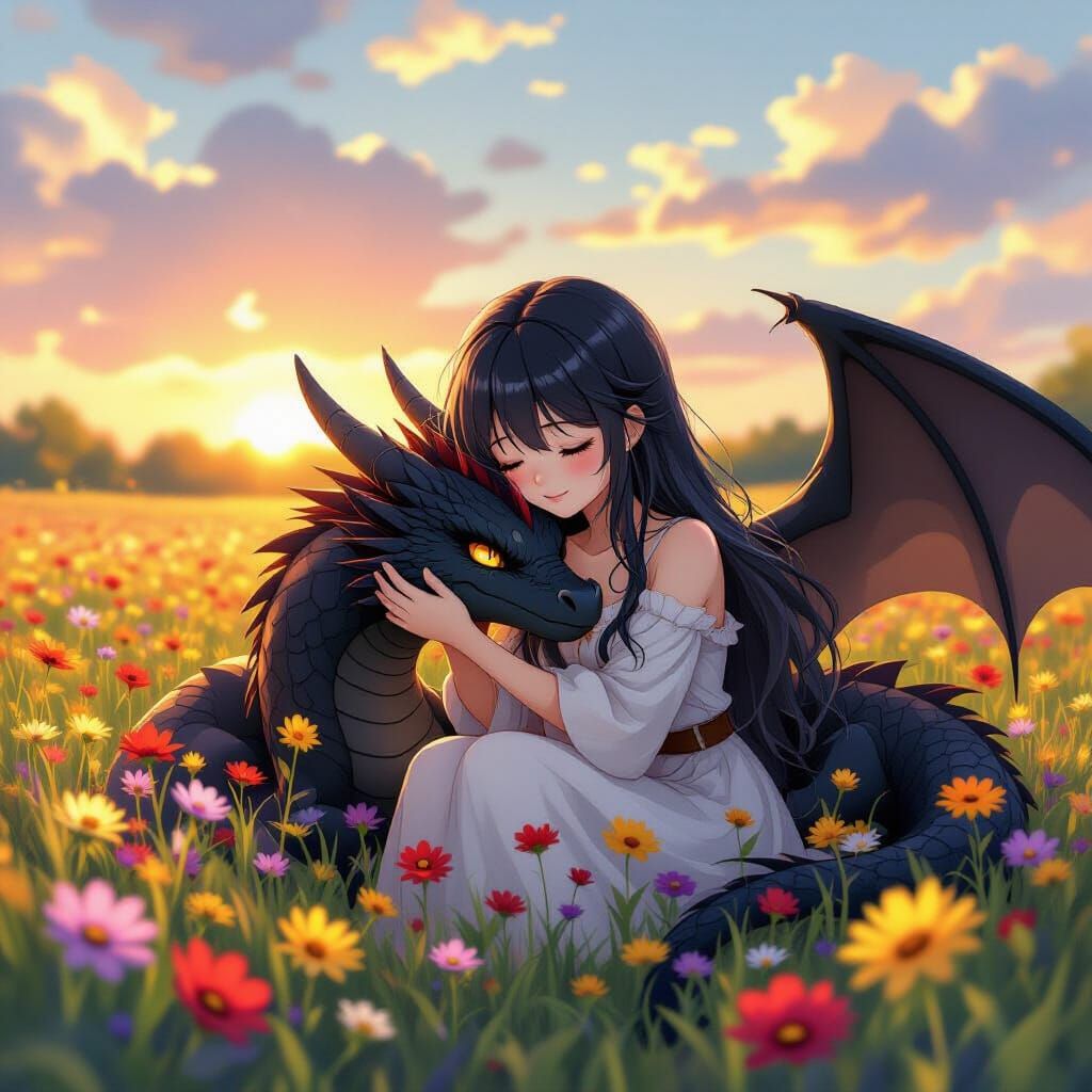 Anime Girl Hugs Dragon in Golden Hour Wildflower Field