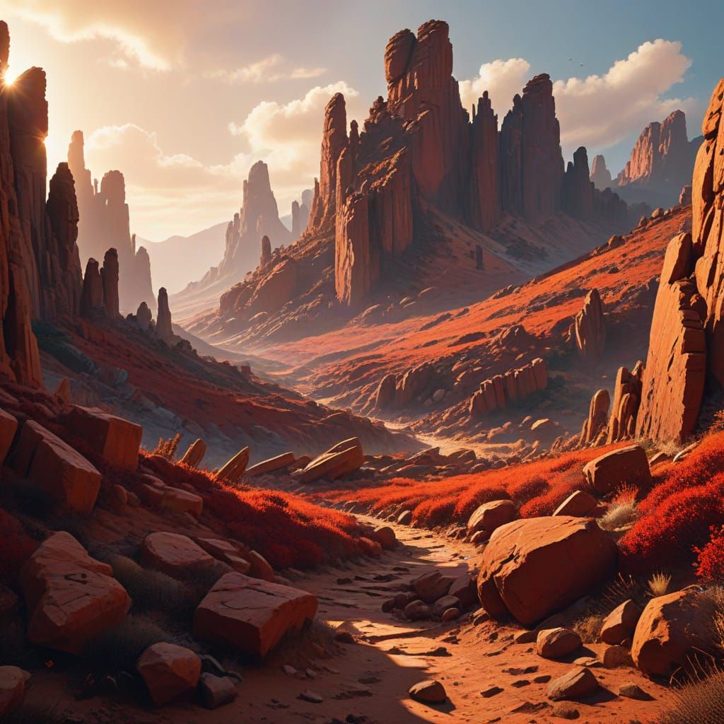 Red Monoliths in Golden Hour Light: Digital Art