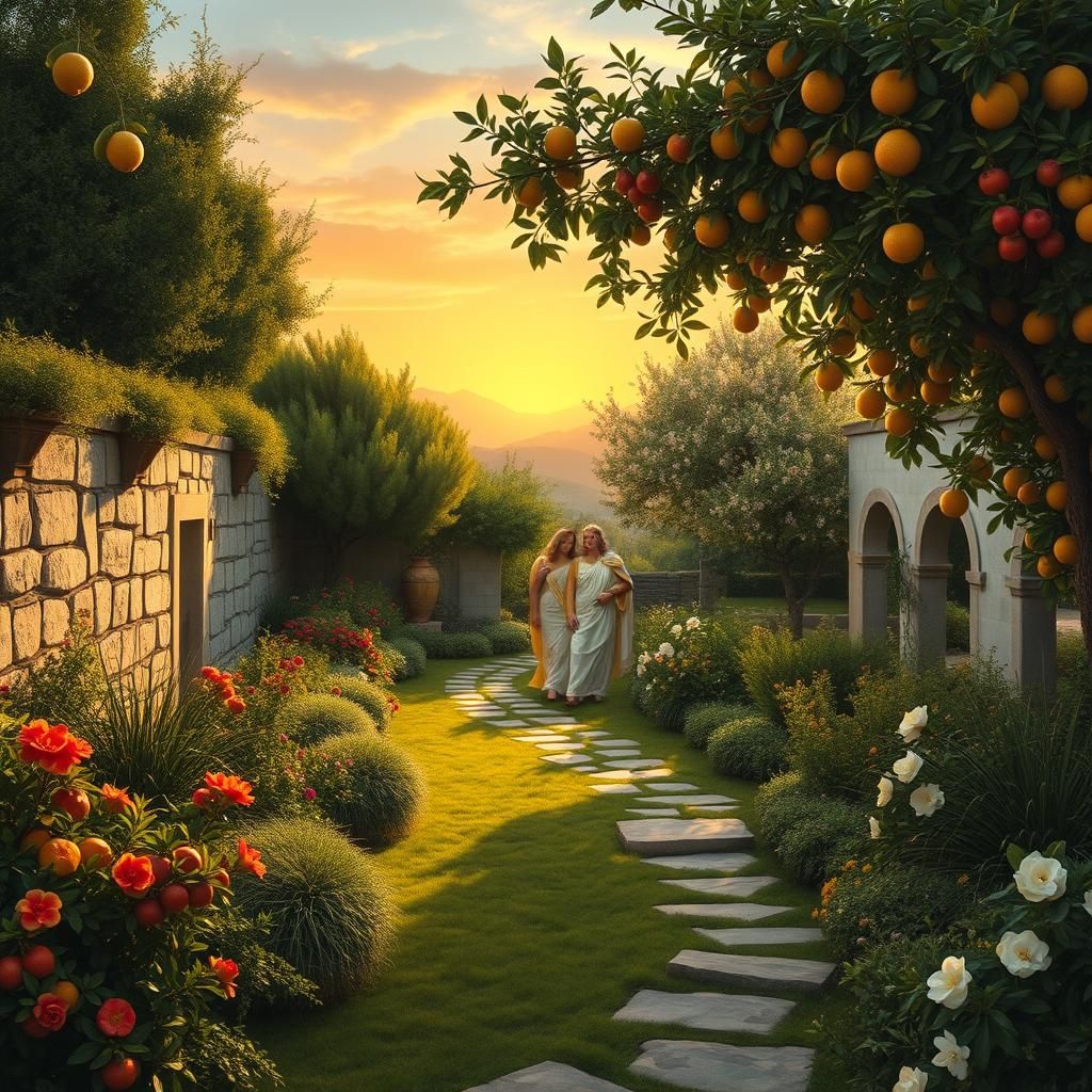 Idyllic Greek Garden with Gods in Classical Style